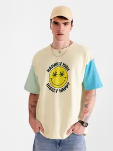 The Souled Store Beige & Blue Graphic Printed Cotton Oversized T-shirt