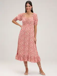 20Dresses Floral Printed Sweetheart Neck Puff Sleeves Flounced A-Line Midi Dress