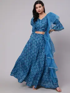 AKS Printed V-Neck Puffed Sleeves Ready to Wear Lehenga & Blouse With Dupatta