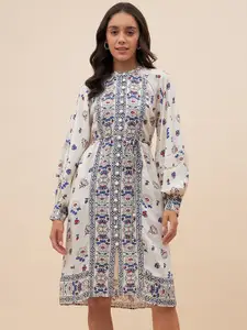 Femella Floral Printed Puff Sleeves A-Line Belted Midi Dress