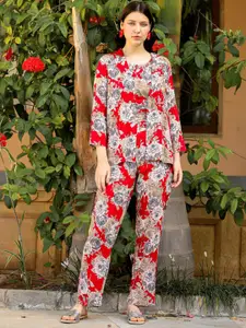 FASHION DWAR Floral Printed Pure Cotton Top & Trouser With Jacket