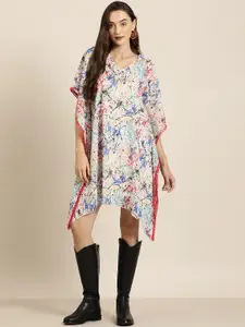 Qurvii Abstract Print Kimono Sleeves Georgette Kaftan Dress with Camisole