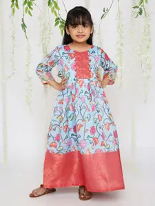 KID1 Girls Blue & Red Floral Printed Round Neck Gathered Maxi Ethnic Dress