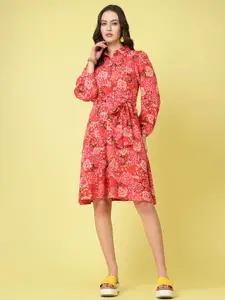plusS Pink Floral Printed Shirt Collar Puff Sleeve Gathered A-Line Dress