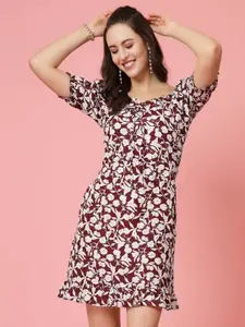 plusS Maroon & White Floral Printed Puff Sleeves Ruffles Detail A-Line Dress