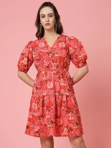 plusS Pink Floral Printed V-Neck Puff Sleeves Gathered A-Line Dress