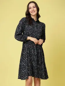 plusS Black & Blue Floral Printed Shirt Collar Puff Sleeves Shirt Dress