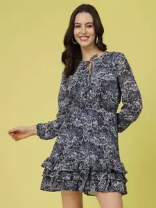 plusS Blue & Black Floral Printed Tie-Up Neck Layered Smocked Detail Fit & Flare Dress