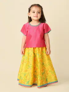 Fabindia Infant Girls Floral Printed Sequinned Cotton Ready To Wear Lehenga & Choli