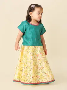 Fabindia Infant Girls Floral Printed Sequinned Cotton Ready To Wear Lehenga & Choli