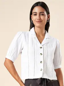 AKKRITI BY PANTALOONS Self Design Cut-Out Detail Puff Sleeves Shirt Style Top