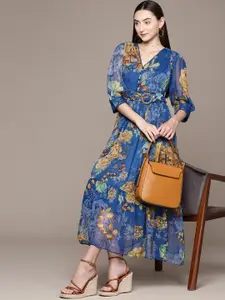 Ritu Kumar Floral Print Puff Sleeve Chiffon A-Line Midi Dress