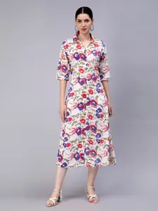 ENTELLUS Floral Printed Shirt Collar Cotton Shirt Midi Dress