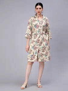 ENTELLUS Floral Printed Mandarin Collar Smocked Cotton Shirt Dress