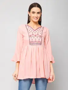 Winza Designer Ethnic Motifs Embroidered Bell Sleeve Longline Peplum Top