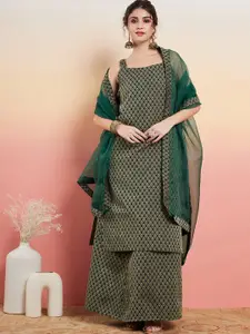 Sangria Ethnic Motifs Woven Design Sleeveless Straight Kurta With Skirt & Dupatta Set