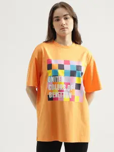 United Colors of Benetton Graphic Printed Drop-Down Sleeves Longline Cotton T-shirt