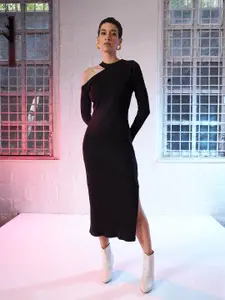 SASSAFRAS Black Round Neck Long Sleeve Cut-Outs Sheath Midi Dress