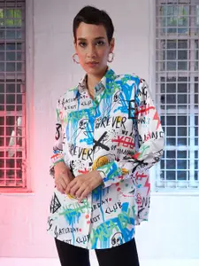 SASSAFRAS White Comfort Oversized Typography Printed Satin Casual Shirt