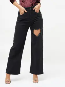 SASSAFRAS Women Straight Fit High-Rise Low Distress Embellished Stretchable Jeans