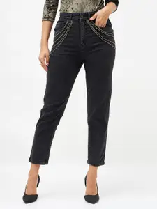 SASSAFRAS Women Black Slim Fit High-Rise Clean Look Embellished Stretchable Jeans
