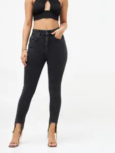 SASSAFRAS Women Black Slim Fit High-Rise Clean Look Embellished Stretchable Jeans