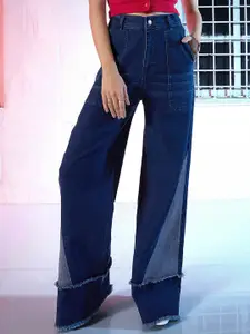 SASSAFRAS Women Blue Wide Leg High-Rise Low Distress Stretchable Jeans
