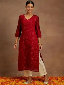 Libas Women Red Floral Thread Work Chanderi Silk Kurta