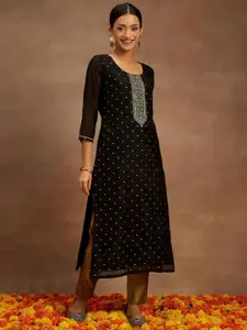 Libas Floral Sequinned Embroidered Chanderi Silk Straight Kurta