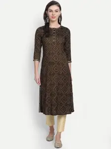 SUTI Women Brown Geometric Printed Thread Work Kurta
