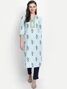 SUTI Women Blue Floral Embroidered Keyhole Neck Flared Sleeves Thread Work Kurta