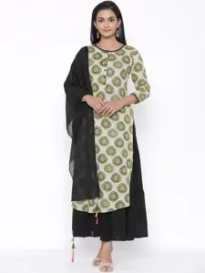SUTI Women Green Geometric Keyhole Neck Flared Sleeves Kurta