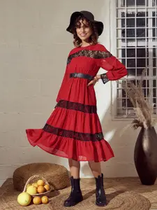 SASSAFRAS Red & Black Round Neck A-Line Midi Dress