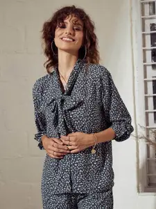 SASSAFRAS Charcoal Animal Printed Tie-Up Neck Shirt Style Top