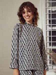 SASSAFRAS Beige Abstract Printed High Neck Puff Sleeves Top