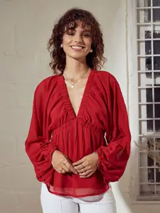 SASSAFRAS Red V-Neck Extended Sleeves Peplum Top