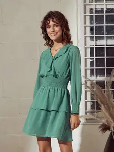 SASSAFRAS Green Puff Sleeve Smocked Ruffled & Layered Georgette Fit & Flare Dress
