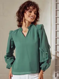 SASSAFRAS Sea Green V-Neck Puff Sleeves Ruffled Top