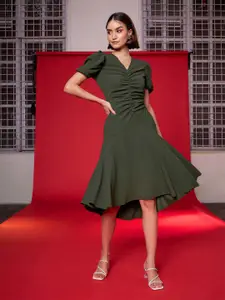 SASSAFRAS Puff Sleeves Ruched A-Line Midi Dress