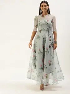 Ethnovog Floral Printed High Neck Bow Maxi Dress