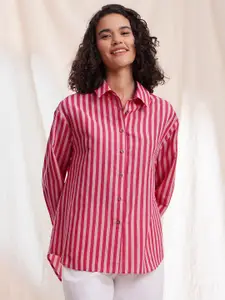 Pink Fort  Candy Stripes Shirt Collar Cotton Top