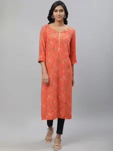 AURELIA Flloral Printed V-Neck Straight Kurta