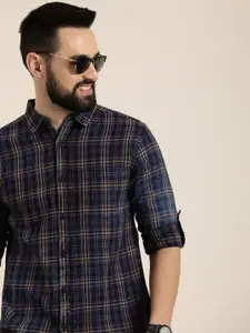 HERE&NOW Pure Cotton Roll-Up Sleeves Checked Slim Fit Casual Shirt