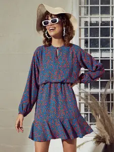 SASSAFRAS Blue & Orange-Coloured Printed Keyhole Neck A-Line Dress