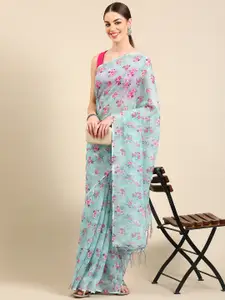 BAPS Floral Printed Zari Pure Linen Saree