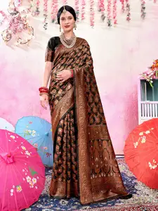 Anouk Black & Gold-Toned Floral Woven Design Zari Art Silk Banarasi Saree