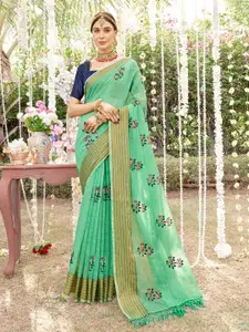 Anouk Lime Green & Pink Floral Embroidered Chanderi Saree