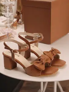 DressBerry Tan Brown Bow Embellished Block Heels