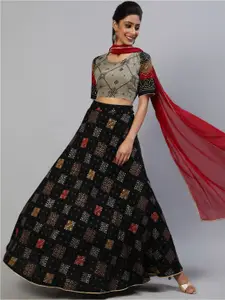 AKS Couture Black & Red Printed Ready to Wear Lehenga & Blouse With Dupatta