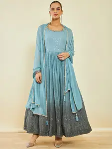 Soch Blue Ethnic Motifs Dyed Georgette Maxi Dress With Dupatta